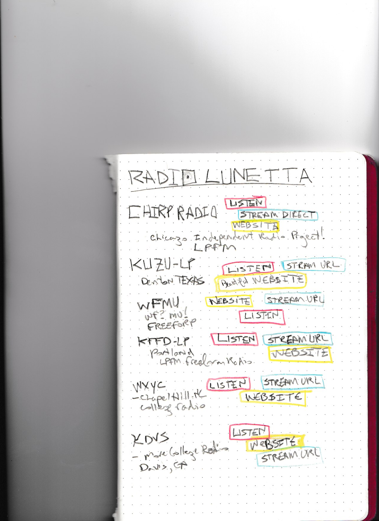 Radio Lunetta — handwritten station list